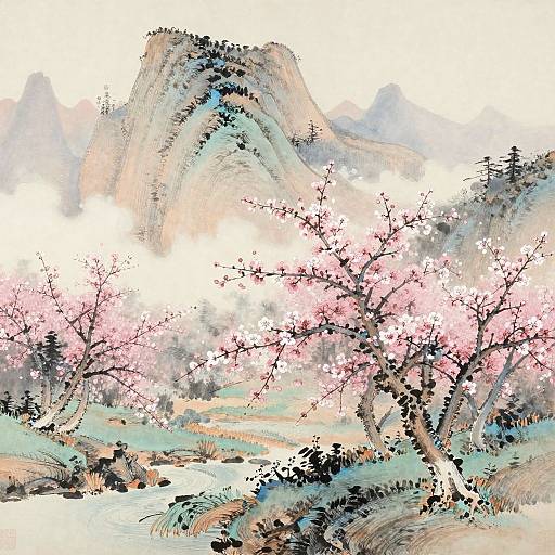 Serene Asian Mountain Landscape Painting