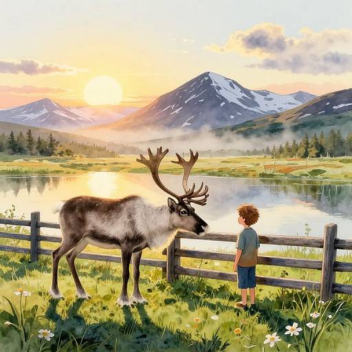 Serene Nordic Sunrise with Reindeer