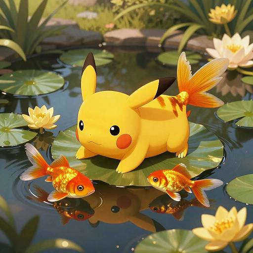 Digital illustration of Pikachu, a yellow, Pokémon with black-tipped ears and red cheeks, standing on a lily pad in a pond with two gold