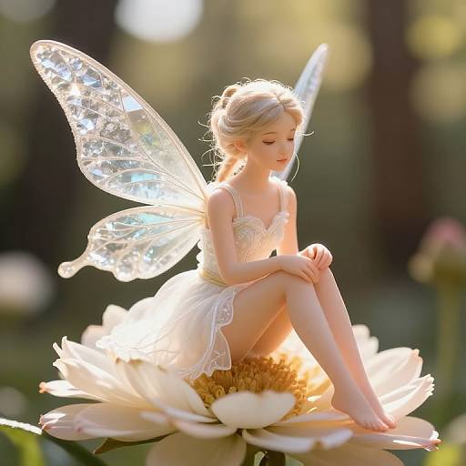 Photograph of a delicate, blonde fairy with translucent wings, sitting on a white flower, bathed in sunlight, in a blurred garden background.