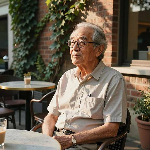 Photograph of an elderly man with gray hair, glasses, light beige shirt, sitting outdoors at a brick-wall café, sunlight casting shadows.