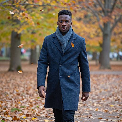 Photograph of a Black man with short curly hair, wearing a gray overcoat and scarf, walking through an autumn park with colorful fallen leaves.
