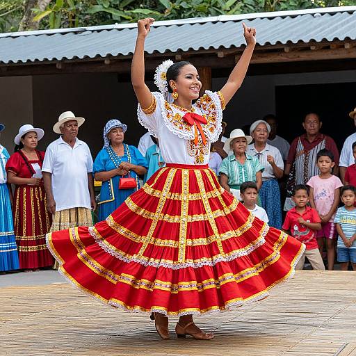 Photograph of a joyful Latina woman in a traditional red and gold Mexican dress, dancing with arms raised, surrounded by cheering onlookers.