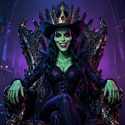 Gothic, green-skinned woman with black, flowing dress and crown, smiling menacingly on ornate, throne-like chair, illuminated by purple