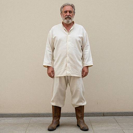 Photograph of an older man with gray hair and beard, wearing a white traditional robe and pants, brown boots, standing against a plain beige wall.