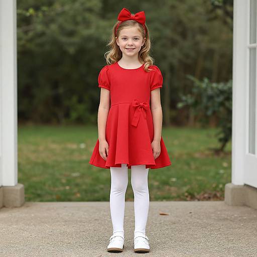 Photograph of a young girl with wavy blonde hair, wearing a red dress, white leggings, white shoes, and a red bow headband,