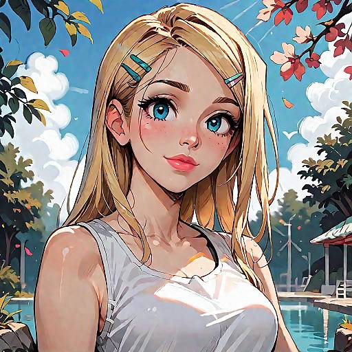 Digital anime-style portrait of a blonde, blue-eyed girl with pink lips, wearing a white tank top, with sunny park background.