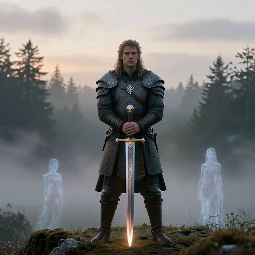 Photograph of a serious, muscular man in medieval armor, holding a glowing sword, standing in a misty forest with two translucent ghostly figures behind