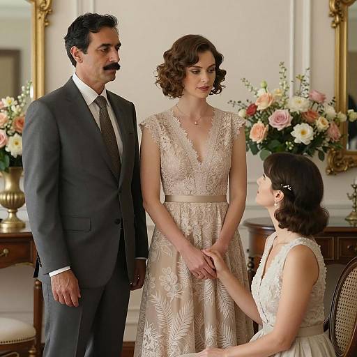 Elegant trio in formal attire with floral background