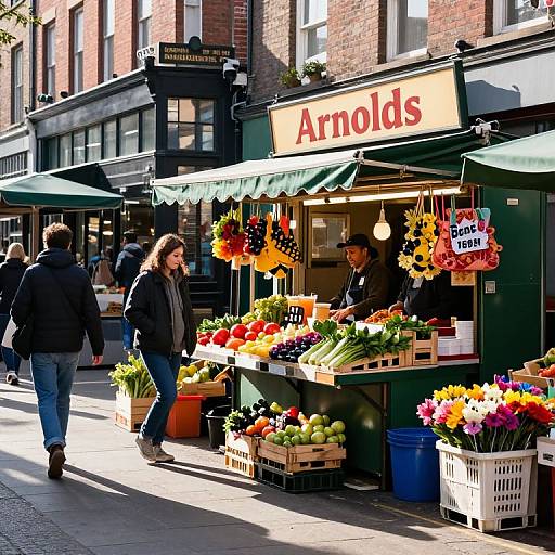 Photograph of a vibrant outdoor market stall on a sunny street, with colorful fruits, vegetables, flowers, and a sign reading 