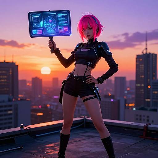 CGI anime-style woman with neon pink hair, black leather outfit, and thigh straps, holds a holographic screen against a sunset city skyline.