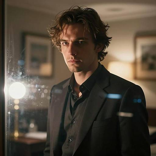 Man in Dark Suit with Intense Gaze in Dimly Lit Room