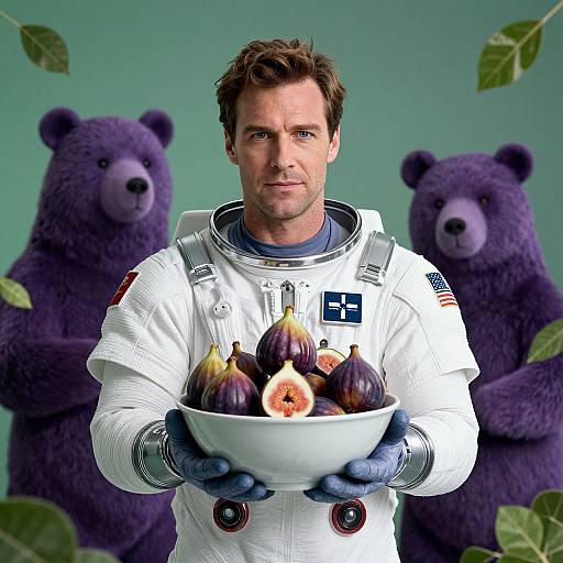 Photograph of a man in a white astronaut suit holding a bowl of figs, flanked by two purple bear statues, against a green background with
