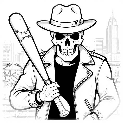 Black-and-white digital drawing of a skull in a leather jacket, fedora, holding a bloodstained baseball bat, with a cityscape background.