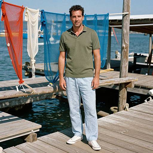 Man by Rustic Dock in Sunlight
