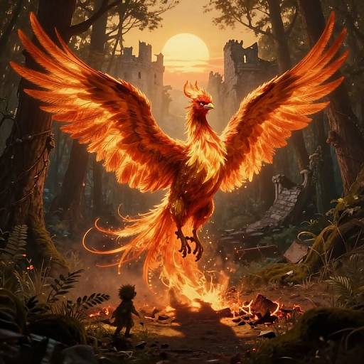 Digital fantasy artwork of a fiery phoenix with outstretched wings soaring above a forest, silhouetted by a sunlit castle in the background.