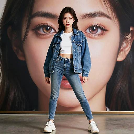 Young Woman in Denim Outfit with Large Portrait Background