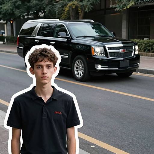 Photograph of a young boy with short brown hair, wearing a black polo shirt, standing in front of a black SUV on a city street. White