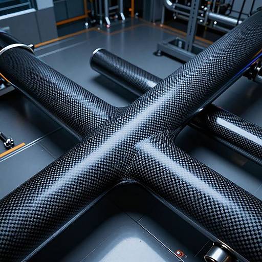 Photograph of black carbon fiber X-shaped gym equipment in a modern gym, with glossy finish and reflective texture, set against a sleek, dark background with