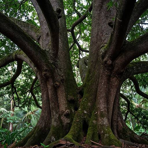 Photograph of a massive, ancient tree with thick, twisted, moss-covered branches and dark brown bark, set in a lush, green forest.