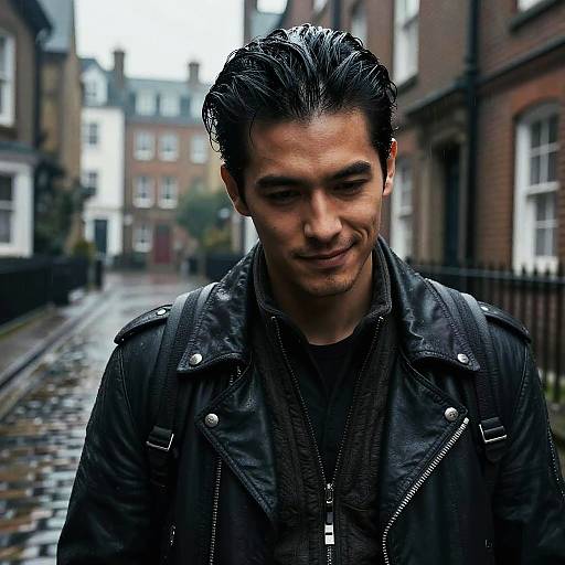 Contemplative Man in Leather Jacket on Rainy Victorian Street