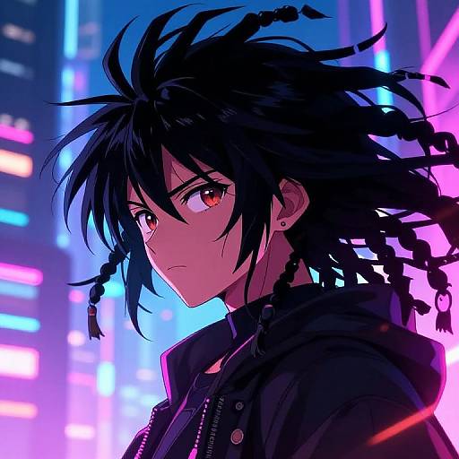 Digital anime-style portrait of a serious black-haired, red-eyed character with dreadlocks, wearing a black hoodie, against a vibrant neon cityscape background.