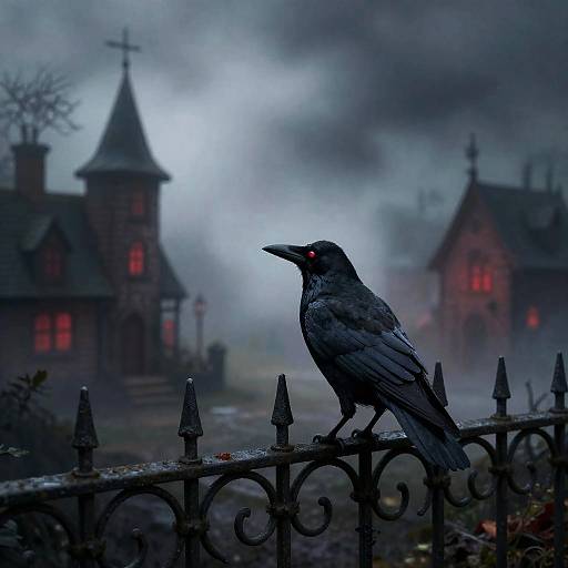 Whimsical Crow Perched on Iron Fence in Foggy Eerie Village