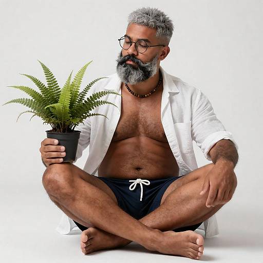 Mature Bearded Man with Potted Fern