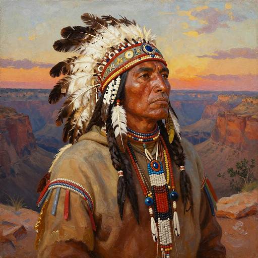Oil painting of Native American man with dark skin, white and black feathered headdress, traditional clothing, looking at sunset over Grand Canyon.