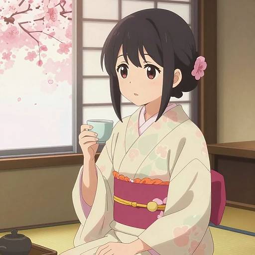 Anime Girl in Pastel Kimono with Tea Cup