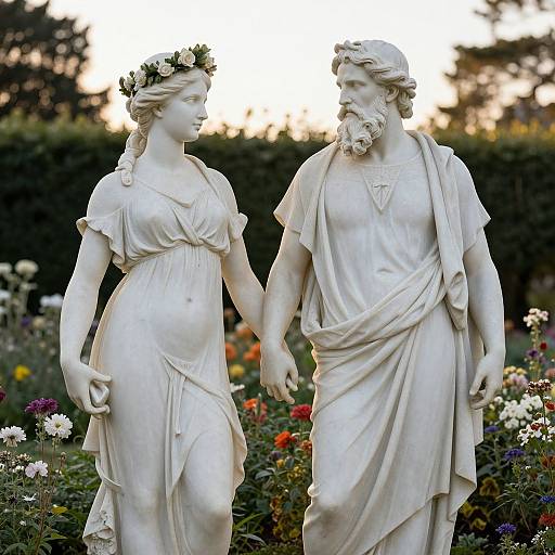 Photograph of a white classical marble statue of a bearded man and a woman holding hands, adorned with floral crowns, standing in a vibrant garden