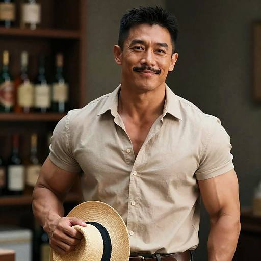 Smiling Asian Man with Straw Hat