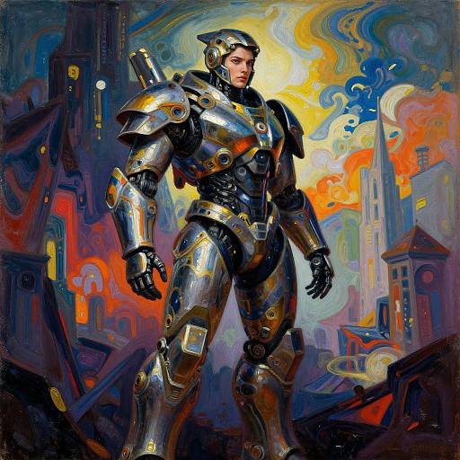 Digital painting of a muscular, silver armored robot standing in a vibrant, chaotic cityscape with swirling clouds and colorful, abstract buildings.