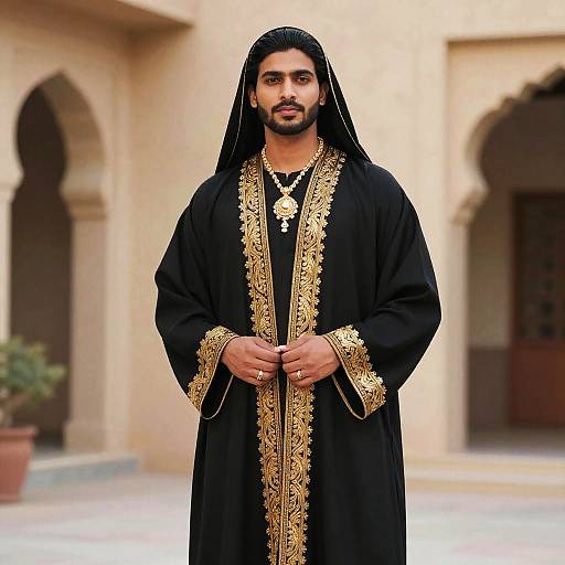 Photograph of a bearded South Asian man with medium skin tone, wearing an ornate black and gold traditional robe, standing in front of a beige