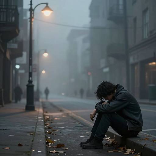 Photograph-style digital art: Depressed young man with messy black hair, dark jacket, and boots sits alone on a foggy, empty, wet