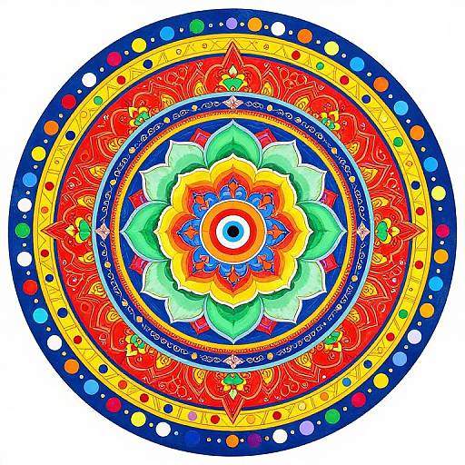 Vibrant circular mandala with intricate red, yellow, blue, and green patterns, featuring a central yellow-orange flower with green leaves, surrounded by