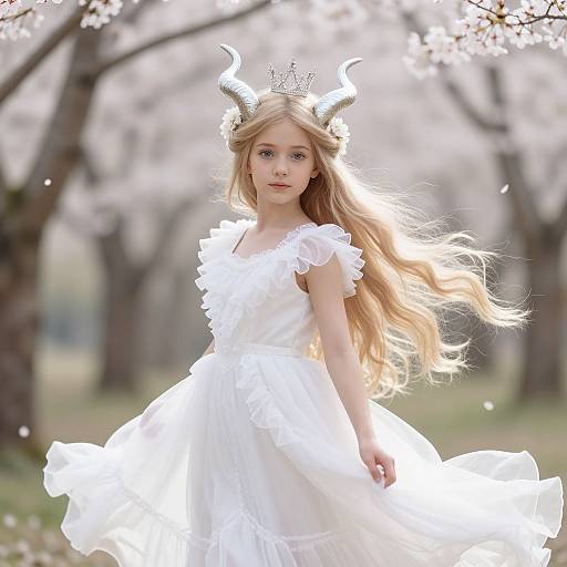 Photograph of a young blonde girl with white horns and a crown, wearing a flowing white dress, standing in a sunlit, blossoming tree park