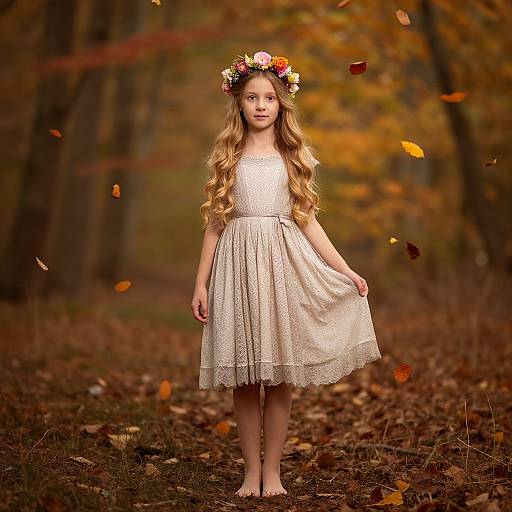Photograph of a young girl with long, wavy blonde hair, wearing a white lace dress and floral crown, standing barefoot on a forest path