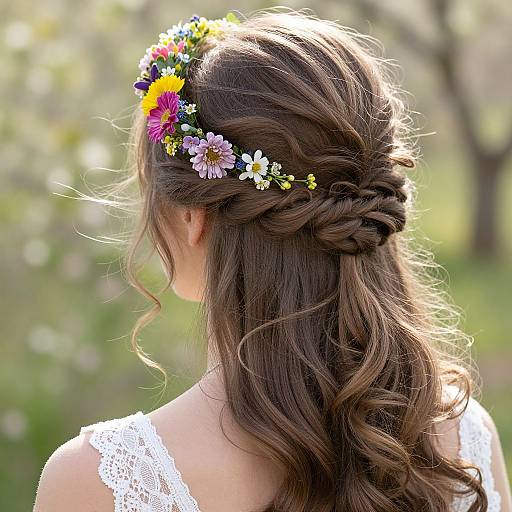 Photograph of a woman with wavy brown hair in a braided updo, adorned with a colorful flower crown, wearing a white lace dress,