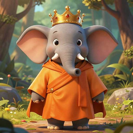 Cute, cartoon-style elephant with large ears, wearing a gold crown and orange robe, standing in a sunny forest clearing. Digital art.