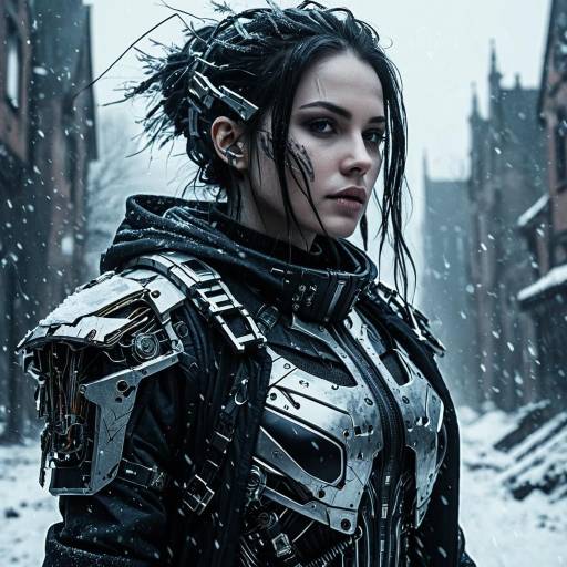 Gothic Female Cyborg in Snowy Urban Setting