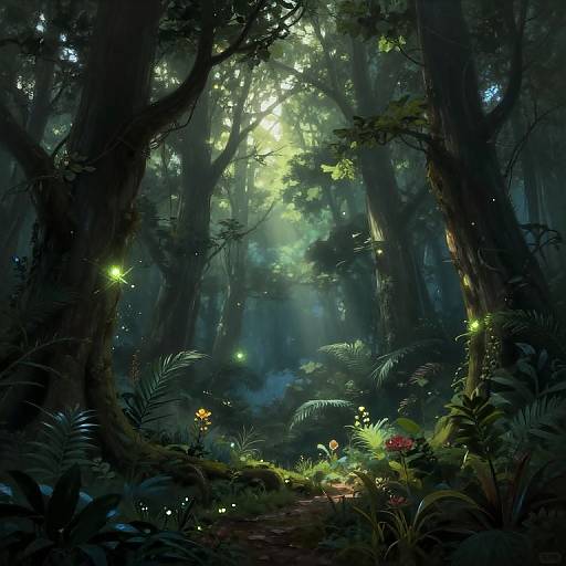 Magical forest at dawn, illuminated by soft, ethereal light; glowing fireflies, vibrant flowers, and dense, shadowy trees create an enchant