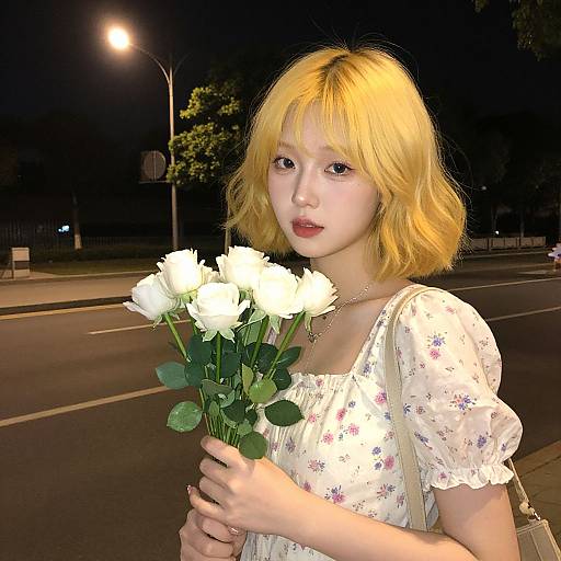 Woman with Yellow Hair Holding Flowers
