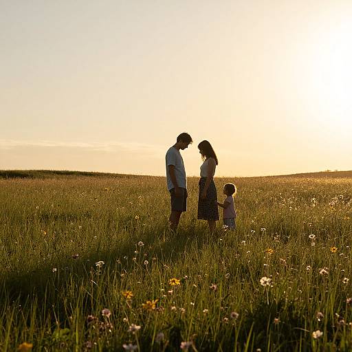 Silhouetted family of four—father, mother, and two children—stand in a sunlit meadow at sunset, surrounded by wildflowers