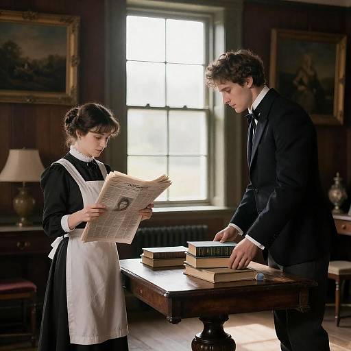 Victorian Room with Woman Reading and Man Arranging Books