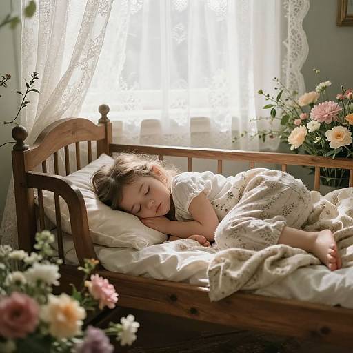 Sleeping Girl in Rustic Cradle