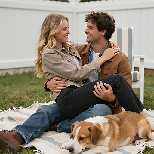Couple Smiling on Striped Blanket Outdoors