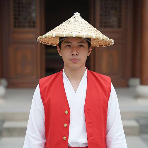Photograph of a young Asian man wearing a traditional Japanese conical hat, white kimono, and red vest, standing in front of wooden temple doors