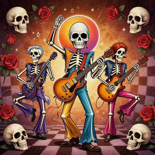 Digital art: Three skeletal musicians with colorful clothing and instruments, against a checkered background with roses and skulls, illuminated by a glowing sun.