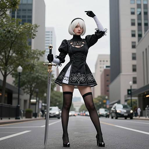 Confident Cosplayer with Sword in Cityscape